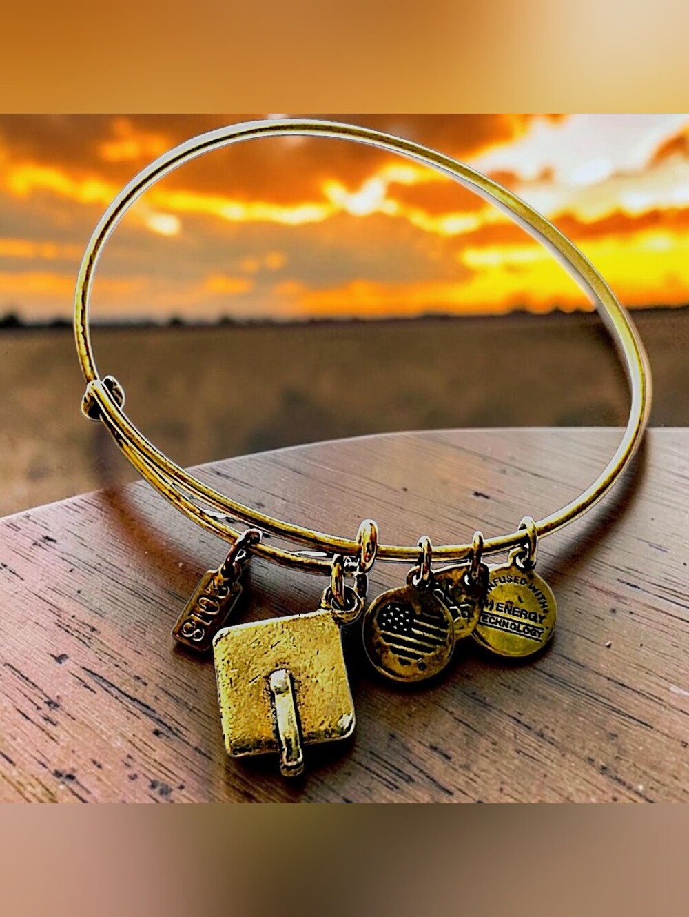 Alex and‎ Ani Graduation Cap Bracelet Bangle Gold Tone Expandable Charm 2018.